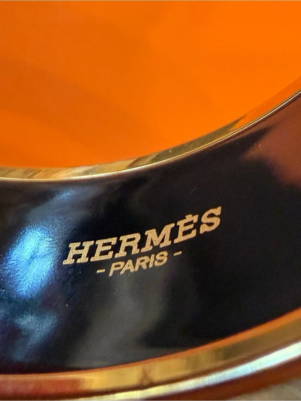 Hermes Blue, Beige & Black Enamel Bangle with Gold Trim